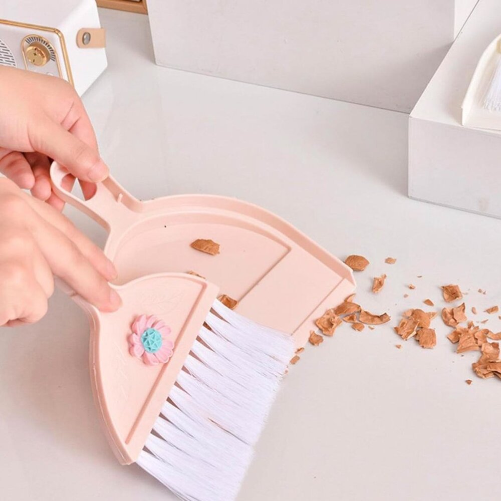 New Small Pink Dustpan with Adorable Flower & White Soft Bristles